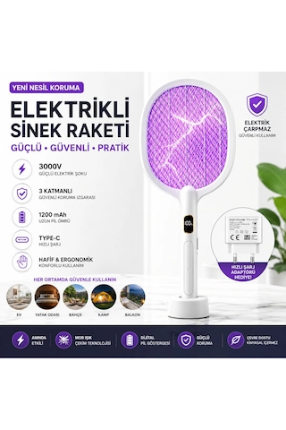 Dijital Ekranlı Şarjlı Sinek Raketi Usb Type-c Elektrikli Standlı El Tipi Mor Işıklı Sivrisinek Öldürücü Beyaz