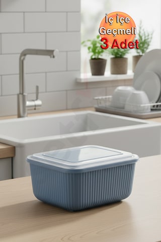 İç İçe Geçmeli Snaplid Dikdörtgen Saklama Kabı 600 - 1100 - 1800 Ml Üçlü Set Bej