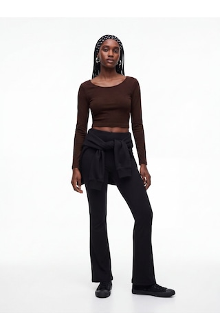 LTB Uzun Kollu Bisiklet Yaka Crop Kahverengi Sweatshırt
