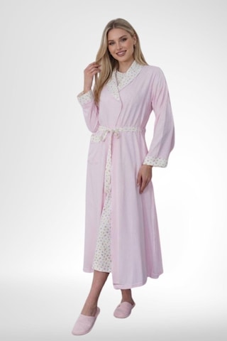Mecit Pijama Mecit 6382 Pembe Kadın Uzun Sabahlıklı Uzun Kollu Gecelik Takım
