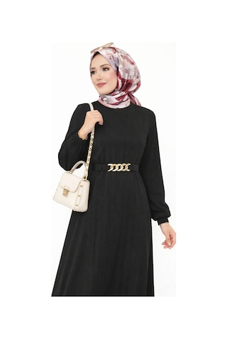 Hira Life Fashion Kadın Gold Zincir Kemer Detaylı Bisiklet Yaka Ve Tesettür Giyim Burgu Elbise Siyah Siyah