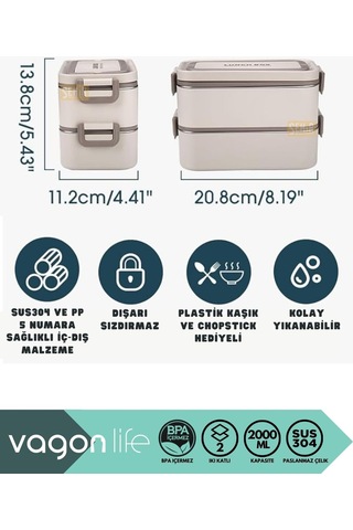 Lexroo Vagonlife Bento 2000ml Lunchbox 2 Katlı 3 Bölmeli Mini Kaseli Çelik Sefer Tası Yemek Kutusu Çok Renkli