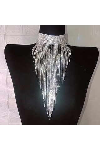 Bohem Etnik Kristal Zincirli Püskül Gerdanlık Kolye Gümüş