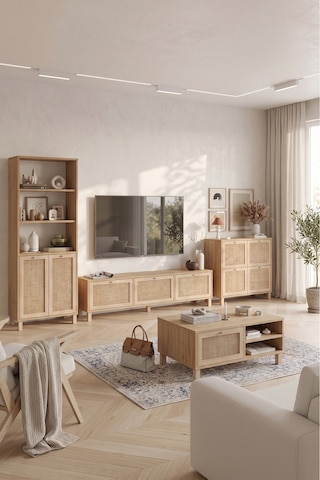 Yurudesign Dune Tv Ünitesi Orta Sehpa Konsol Kitaplık 4'lü Set Ahşap Ayaklı Gerçek Jüt Kapak Sepet-jüt Dn9-sj