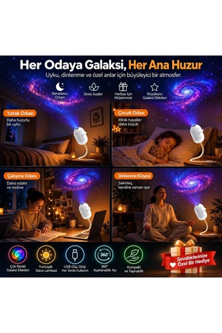 2'si 1 Arada Galaksi Projektör Gece Lambası 360 Esnek Boyunlu Usb Led Yıldız Projeksiyon, Ayarlanabilir Işık