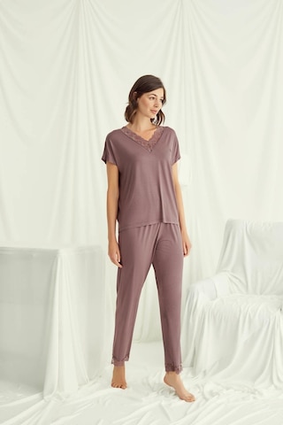 Monamise 18512 Kadın V Yaka Kısa Kollu Pijama Takımı-kahve Kahve