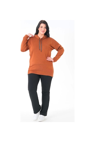 Lady Majestic Büyük Beden Kapüşonlu Sweatshirt Taba