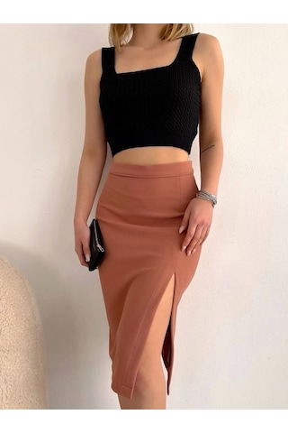 Uzun Midi Boy Yırtmaçlı Etek Somon S24907 Somon