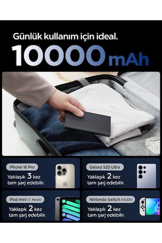 Spigen 10000 Mah Slim Alüminyum Kasa 22,5w Usb-c + Usb-a Giriş / Çıkış Hızlı Şarj 3 Portlu Powerbank / 1 Metre Type-c Harici Kablolu Taşınabilir Şarj Cihazı + Taşıma Çantası Ea2210 Black Siyah