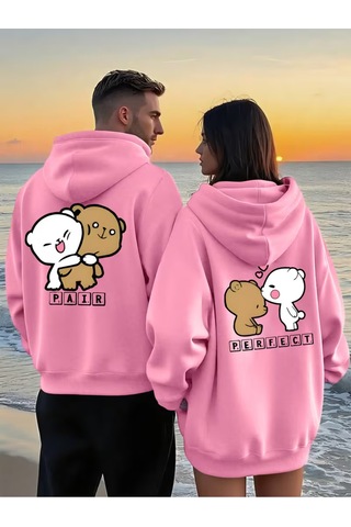Nevermind Sevgili Kombin Hoodie Çift Sweatshirt Çiftlere Özel Ayıcık Bask Pembe