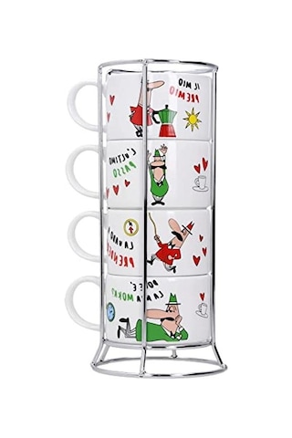 İstiflenebilir Cappuccino Fincan Seti, 4'lü Porselen Açık Ahşap