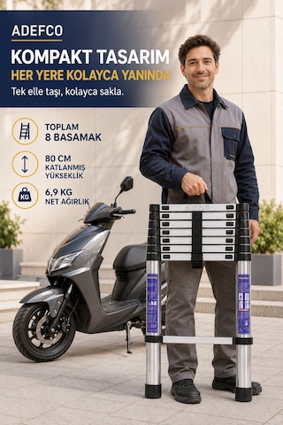 8 Basamak Paslanmaz Çelik Teleskopik Merdiven 3.1 Metre Katlanabilir Uzayan Merdiven -