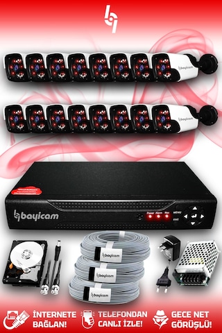 Bayicam 16 Kameralı Panda 16 Dış Kamera Set 100 GB HDD Full HD Gece Görüşlü Güvenlik Kamerası Sistemi