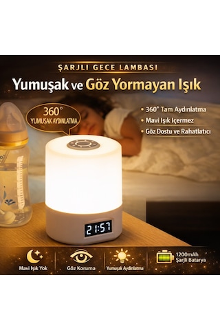 Polham 1200mah Şarjlı Saatli Dokunmatik Led Masa Lambası, 3 Işık Modlu, Parlaklık Ayarlı Gece Lambası Beyaz