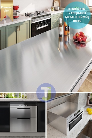 Technojet Kendinden Yapışkanlı Metalik Folyo Mutfak Banyo Tezgah Duvar Dolap Masa Kaplama 60cmx300cm Silver