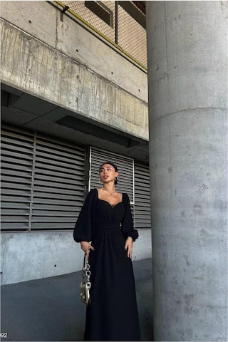 Lior Design Kadın Bohem Saten Kumaş Kare Yaka Maxi Abiye Elbise Siyah
