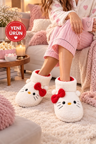 Moon Cloud Moo Kadın Peluş Pudra Hello Figürlü Ev Botu Kışlık Sıcak Tutan Yumuşak Tabanlı Sevimli Terlik Ev Panduf Ev Beyaz - Kırmızı