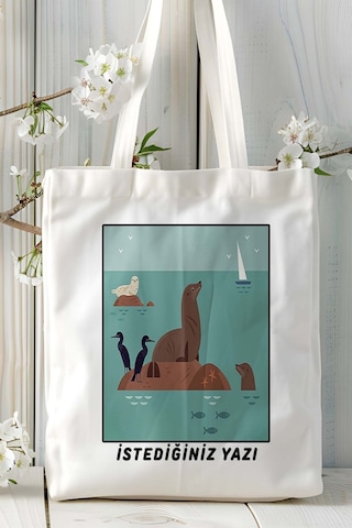 Art Hediye Deniz Aslanı Baskılı Bez Çanta Omuz Çantası Kişiye Özel Model 3 Çok Renkli