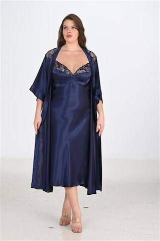 Modenya Premium Büyük Beden Saten Dantel İşlemeli Lacivert Uzun 2'li Gecelik Sabahlık Takımı Bigsize 3xl