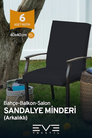 Eve Tekstil Bahçe - Salon - Balkon Arkalıklı Fermuarlı Bağlanabilir Yıkanabilir Sandalye Minderi 6 Adet Siyah