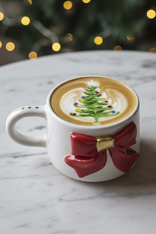 Rivaistanbul Kurdele Amore 24 K Altın Süslemeli El Yapımı Yılbaşı Hediyesi Seramik Double Kahve Fincanı, Mug, Kupa Kırmızı