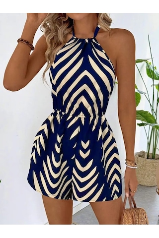 The İstanbul Kadın Boyundan Askılı Halter Yakalı Desenli Süprem Tulum Lacivert