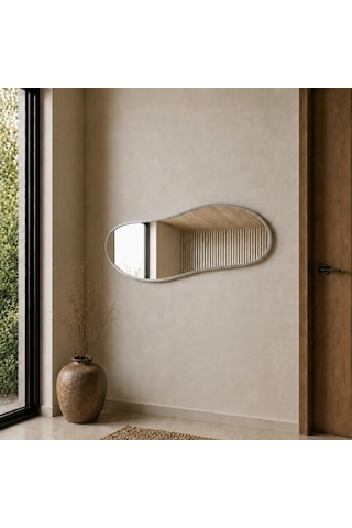 Modern Organik Form Banyo Aynası 40x120 Cm Asimetrik Minimalist Dekoratif Duvar Aynası Gümüş