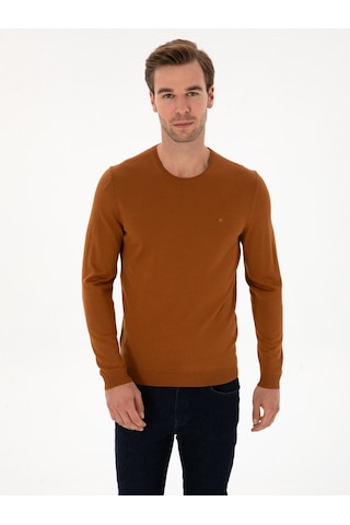 Cacharel Karamel Slim Fit Yün Karışımlı Bisiklet Yaka Basic Triko Kazak Kahverengi