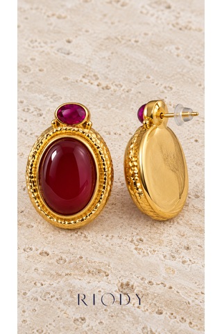 Riody Rubis Velours Gold Renkli Bordo Fuşya Oval Taş Görünümlü Çelik Kadın Küpe
