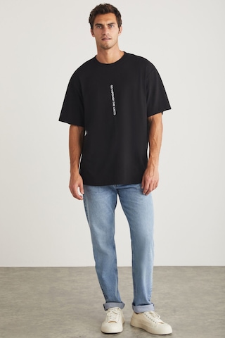 Grimelange Harald Erkek Bisiklet Yaka %100 Pamuk Baskı Detaylı Siyah T-shirt