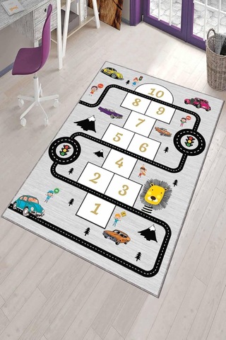 Gri Kaymaz Tabanlı Yıkanır Yollu Seksekli Çocuk Halısı Ar154 100 X 200 Cm Çok Renkli