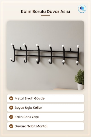 Duvar Askısı Kalın Borulu Metal Siyah Beyaz Antre Hol Giysi Kaban Çok Renkli