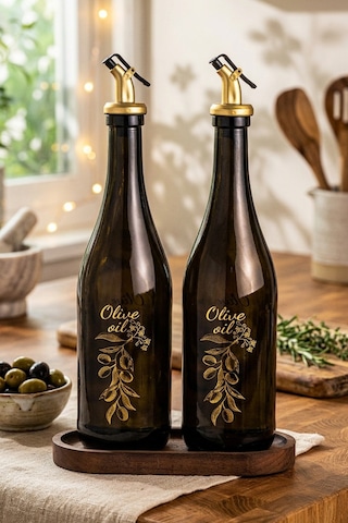 Snippy Poura - Ahşap Standlı 2'li Yağdanlık Zeytinyağı Sıvı Yağ Sirke Şişesi Yağdanlık Seti 750 ml