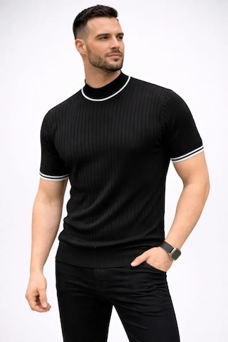 Vexor Erkek Fitilli Triko Dokuma Kısa Kol Tişört Yarım Boğaz Modern Yazlık T-shirt - Siyah