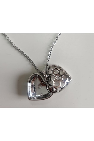 Uzel Çelik Açılır Kapanır Taşlı Kalp Kolye Beyaz