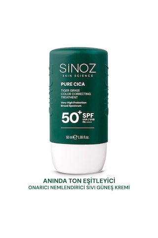 Sinoz Pure Cica Tiger Grass Anında Ton Eşitleyici Mineral Güneş Filtreli Sıvı Güneş Kremi SPF50+ 50 ML