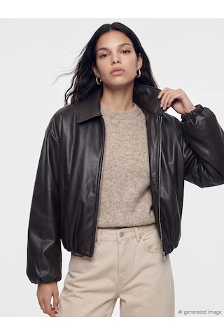Lcw Vision Kahverengi Kadın Oversize Bomber Deri Görünümlü Ceket