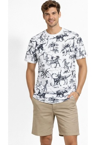 Erkek Dinozor Dijıtal Ön Ve Arka Baskılı Tişört Bisiklet Yaka T-shirt - Beyaz