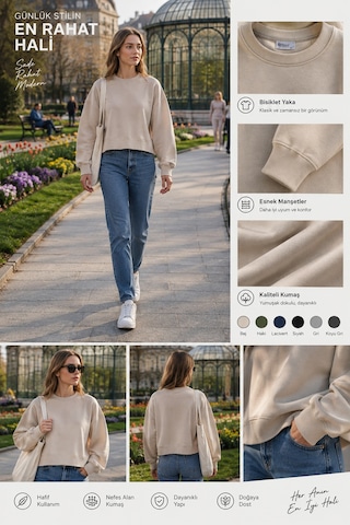 Luxıc Core Kadın Crop Bisiklet Yaka Sweatshirt Pamuklu Yumuşak Dokulu Günlük Spor Sweatshirt Krem