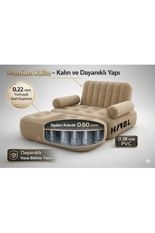 Tek Kişilik 2 Si 1 Arada Kendi Kendine Şişen Şarjlı Şişme Koltuk Ve Yatak 190 100 65cm Bej