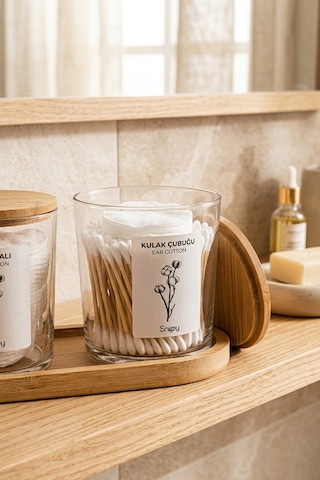 Bamio - Bambu Standlı Bambu Kapaklı Etiketli Banyo Düzenleyici Cam Banyo Seti Banyo Organizeri 2 'li Açık Ahşap