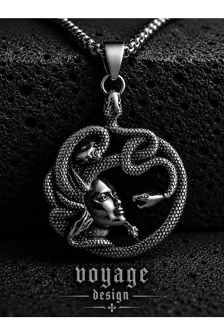 Antik Renk Paslanmaz Çelik Mitolojik Sanat, Özel Tasarım Yılan Figürlü Medusa Kolye Antrasit