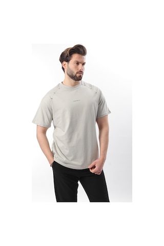 Madmext Boyalı Gri Baskılı Nakış Detaylı Erkek T-shirt E7108 Boyalı Gri