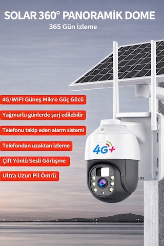 Güneş Enerjili 4g/wifi 360 Akıllı Güvenlik Kamerası Kablosuz, Gece Görüşlü, Hareket Sensörlü, Çift Yönlü Sesli