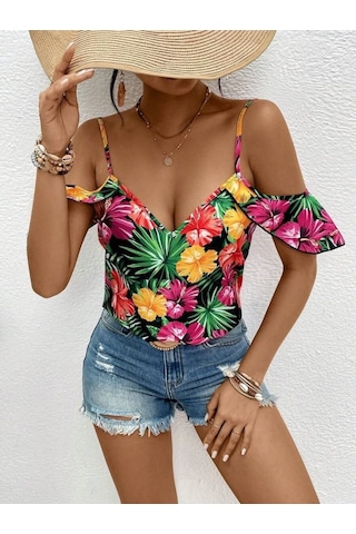 Munn Collection Kadın Askılı Omuzlardan Açık Çiçek Baskılı Bluz Desenli