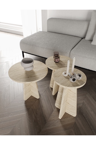 Mush 3lü Zigon Sehpa Traverten Desenli - Tamamı MDF