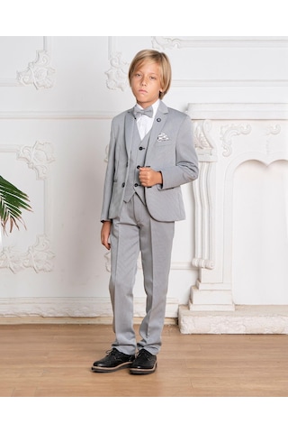 Erkek Çocuk Takım Elbise Gri 5 Li Ceket-yelek-gömlek-pantolon-papyon Takım Elbise 5-12 Yaş Gri