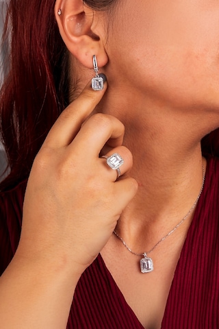 925 Ayar Gümüş Rodyumlu Baget Taşlı Sekizgen Bayan Takı Seti -8228 Gümüş