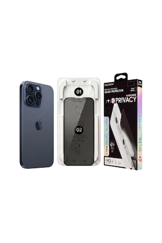 Fulltech Magicbox iPhone Uyumlu 15 Pro Premium Tempered Glass Aparatlı Ekran Koruyucu - Privacy