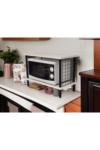 Huzurlu Mutfak Rafı Mikrodalga Rafı Tezgah Üstü Raf Baharatlık 2 Raflı Düzenleyici 6 Kanca Hediyeli Beyaz
